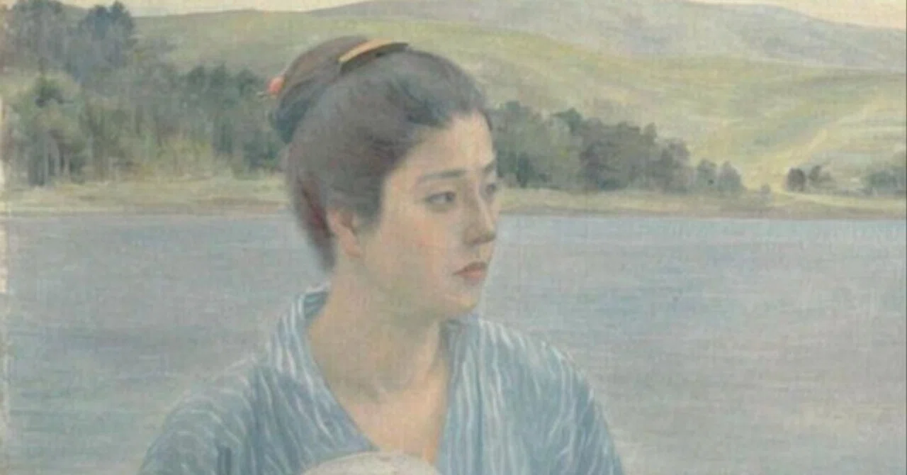 直筆絵画　女性と湖の風景 風景画 湖 絵画 日本画 金城亨 「湖月」 額付き : アートギャラリー 絵画