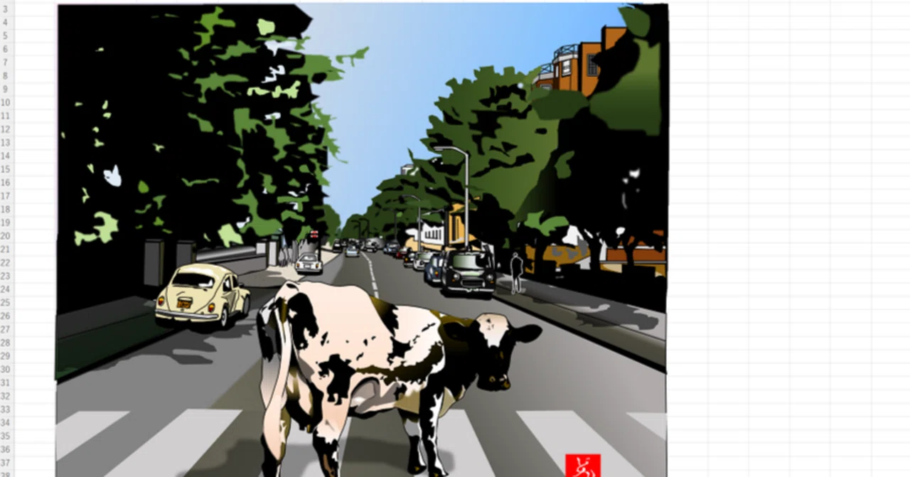 The 'Atom Heart Mother' cow standing on 'Abbey Road' in Excel art