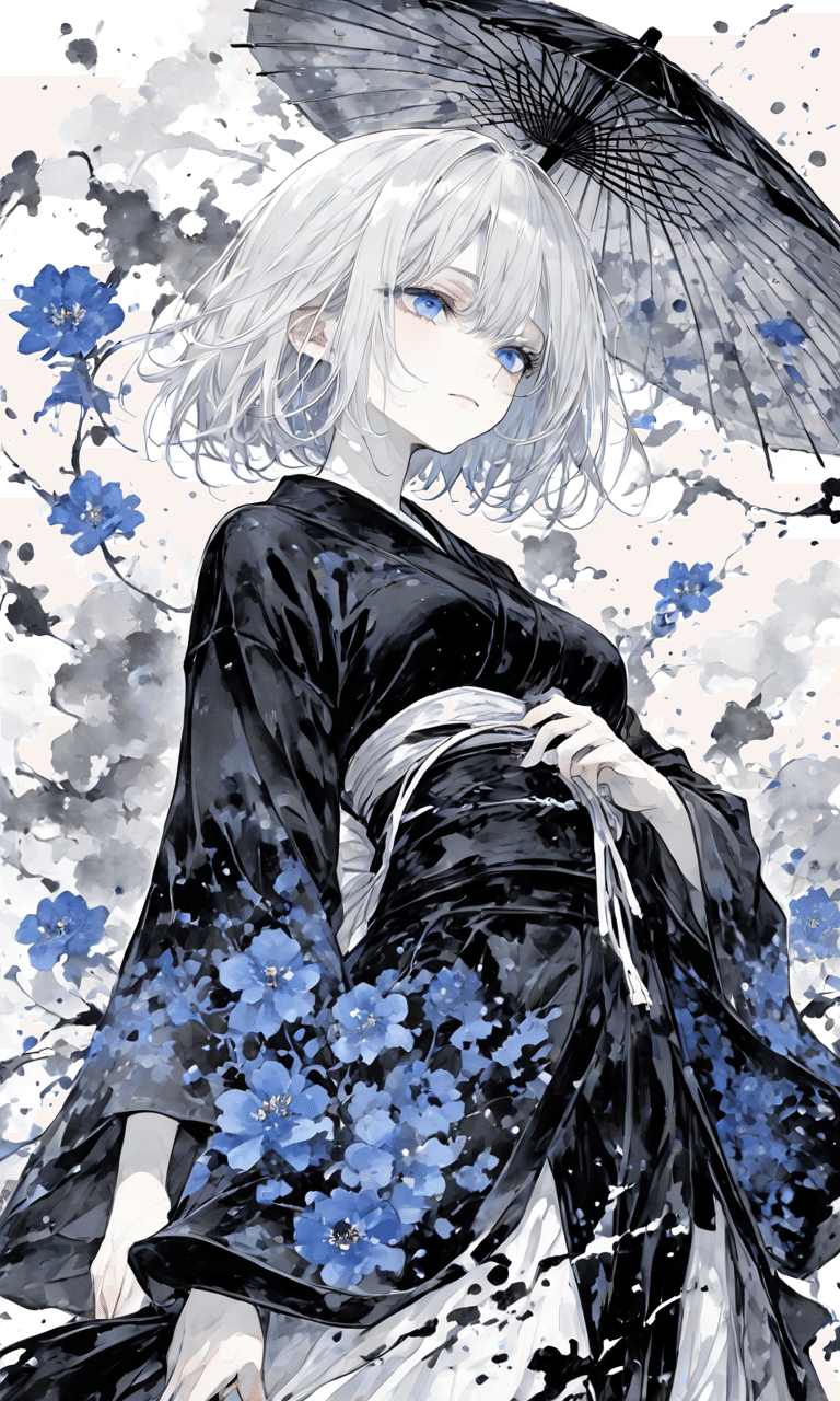 僕の水墨画】墨夜に咲く蒼瞳｜Blue in Ink｜零ぴちゅ。