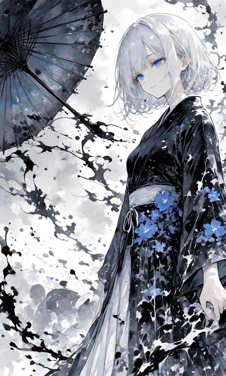 僕の水墨画】墨夜に咲く蒼瞳｜Blue in Ink｜零ぴちゅ。