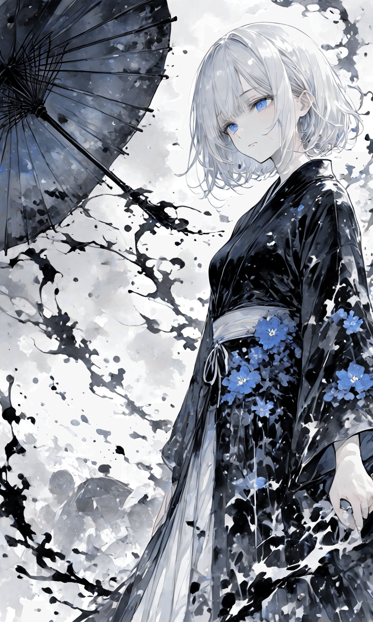 僕の水墨画】墨夜に咲く蒼瞳｜Blue in Ink｜零ぴちゅ。