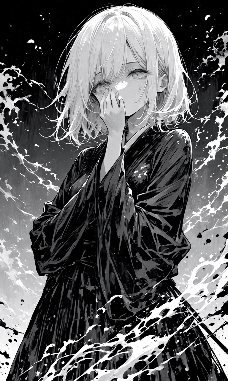 僕の水墨画】墨夜に咲く蒼瞳｜Blue in Ink｜零ぴちゅ。