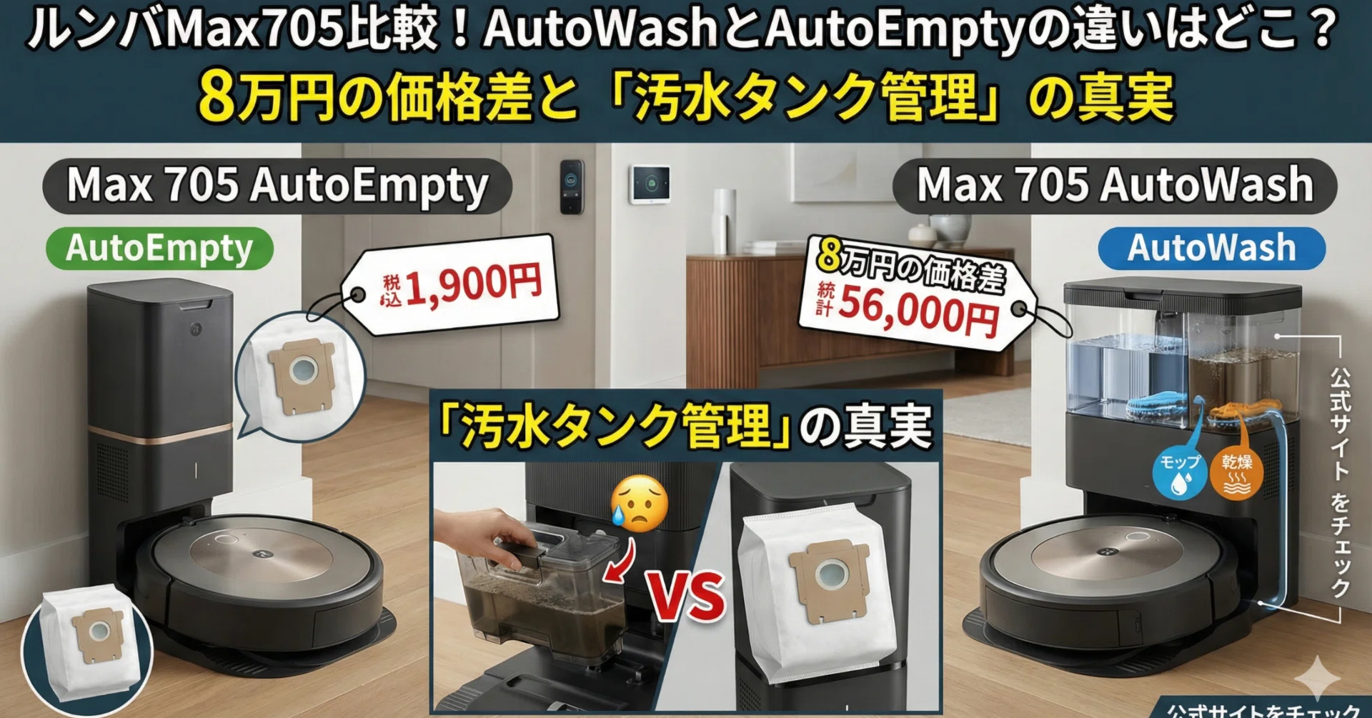 ルンバMax705比較！AutoWashとAutoEmptyの違いはどこ？8万円の価格差と