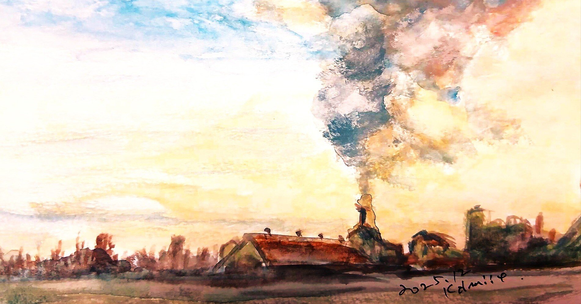 水彩画 日甜の夕陽(士別市)｜北海道の熊おやじ〜北海道の179市町村の歴史と