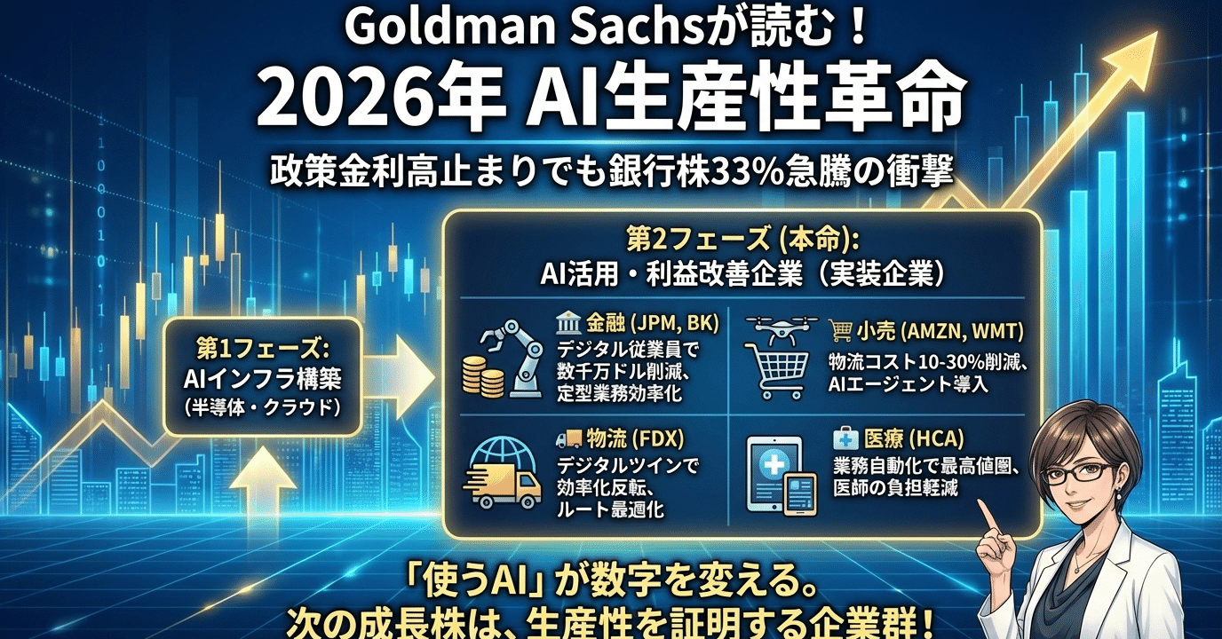 政策金利3%台なのに銀行株33%急騰、Goldman Sachsが読む2026年AI生産性革命｜結城はるみ🇸🇬日本株・米国株・クリプト×AI
