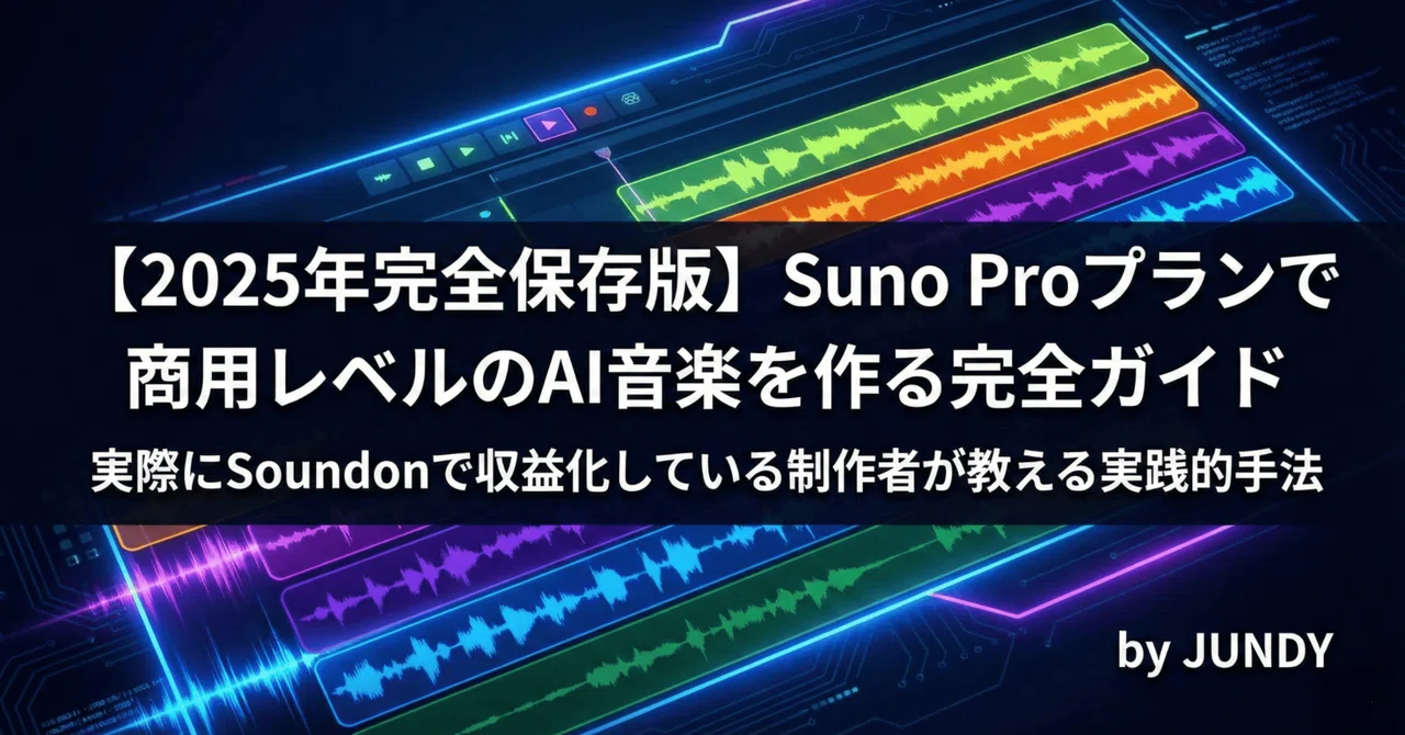【2025年完全保存版】Suno Proプランで商用レベルのAI音楽を作る完全ガイド｜実際にSoundonで収益化している制作者が教える実践的 ...