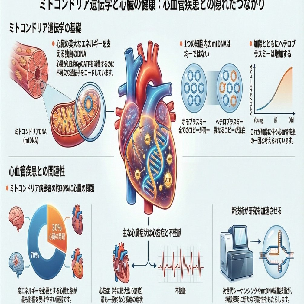 心血管疾患；ミトコンドリアの遺伝子の仕組みは複雑（ヘテロプラスミーなど）で、まだ十分に解明されていない｜Makisey