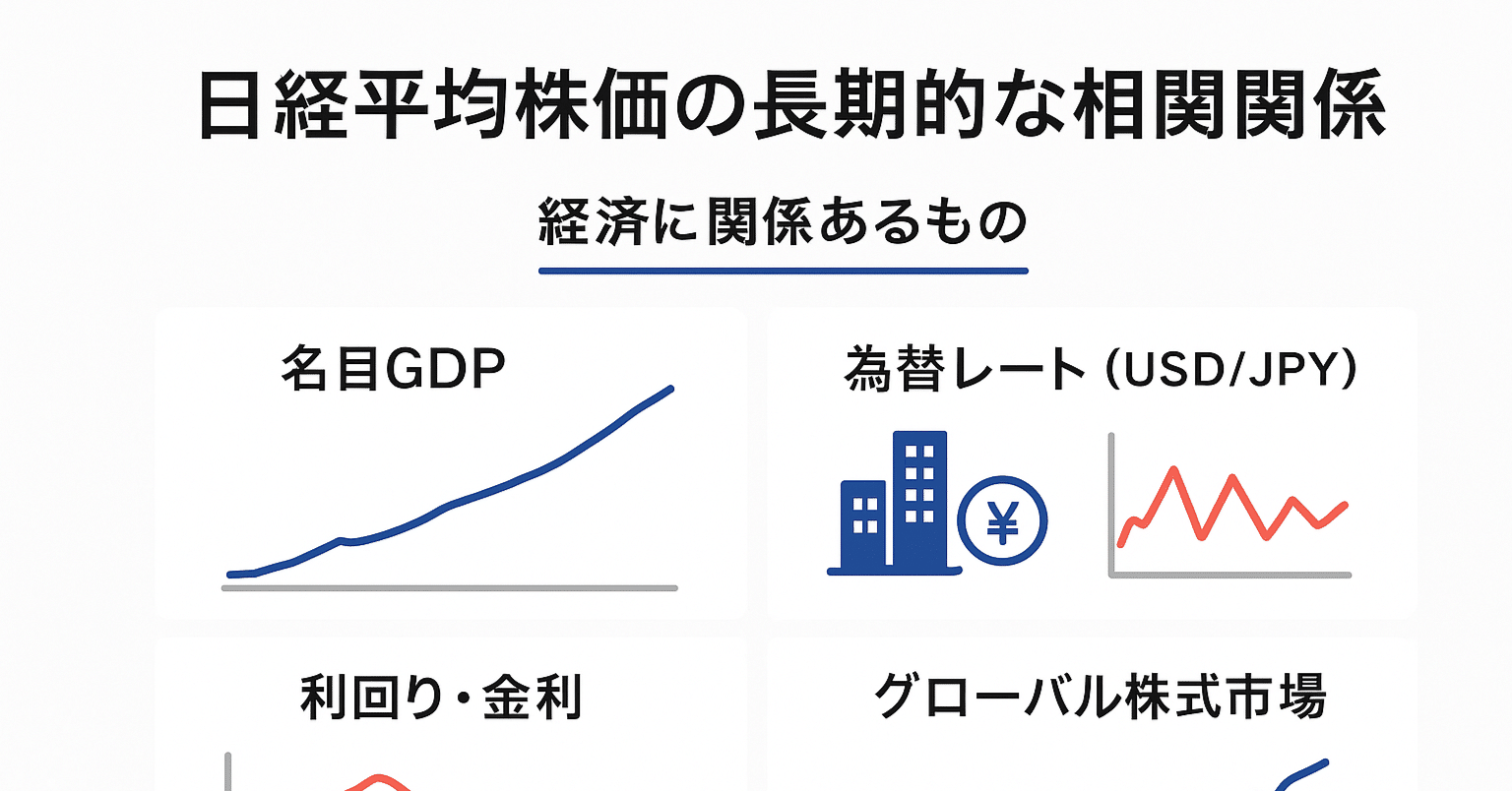 日経平均株価の長期的な相関関係(grok)｜しゅわっち