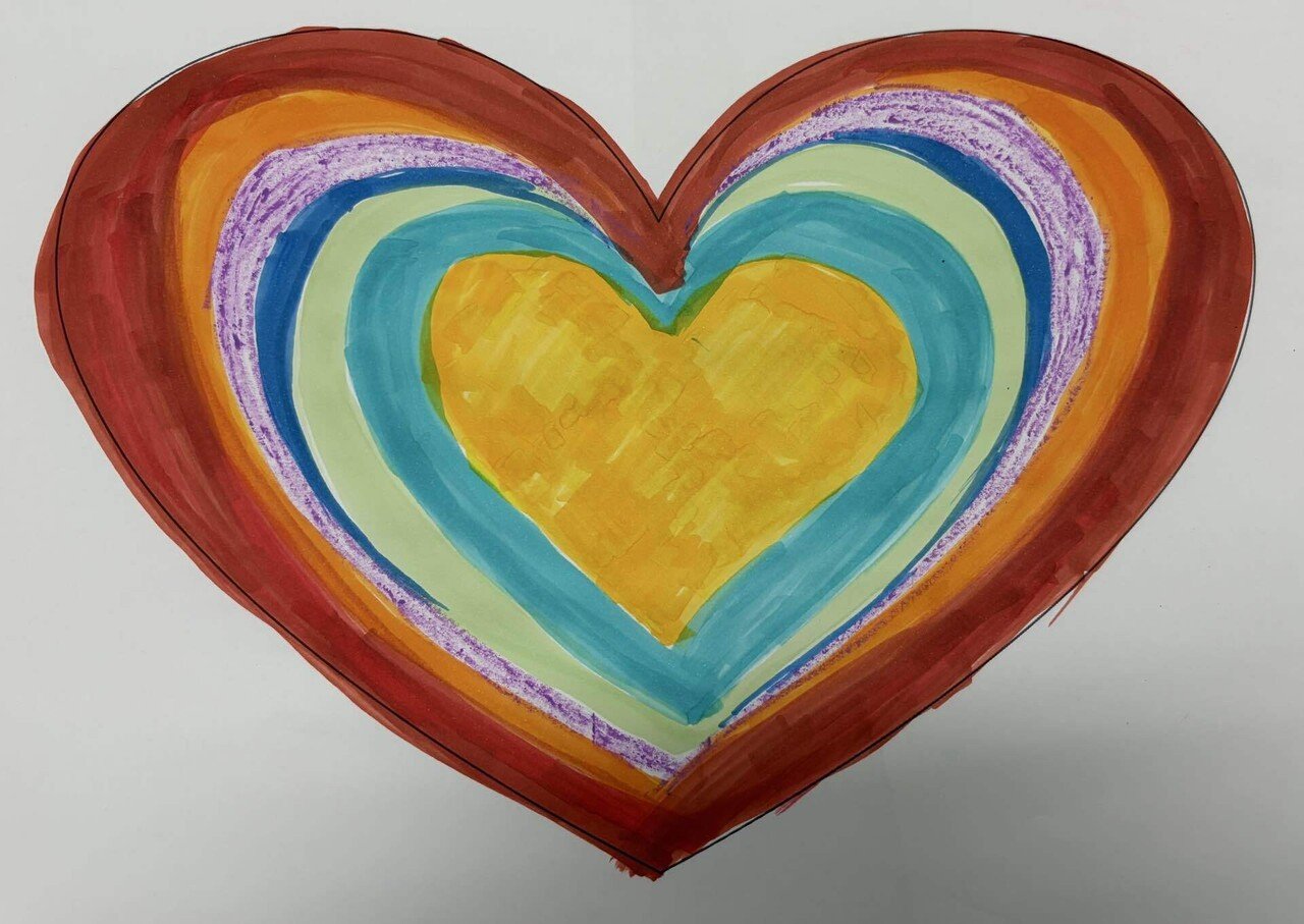 カラフルなハートのアート作品　心の中身　絵　リラックス 原画 現代アート ハート マルチカラー モダン グリーン 癒し アート
