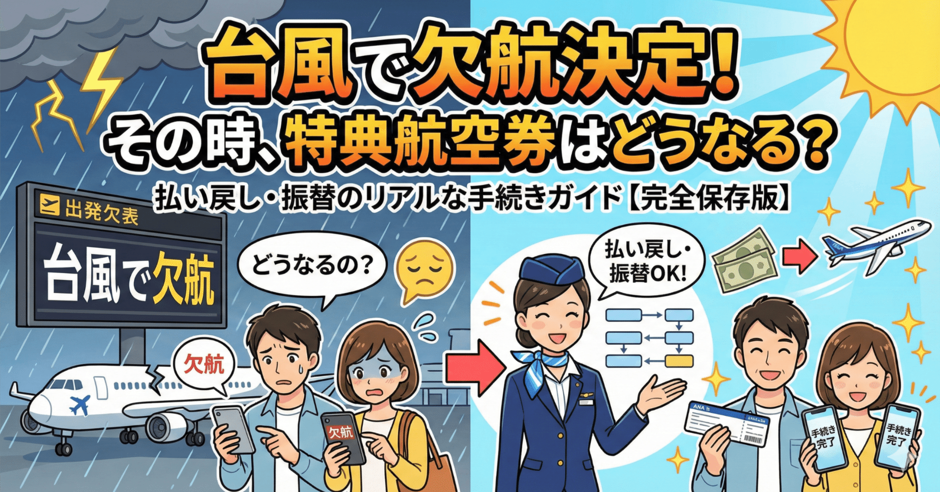 台風で欠航決定！その時、特典航空券はどうなる？払い戻し・振替のリアルな手続きガイド【完全保存版】｜おきとら
