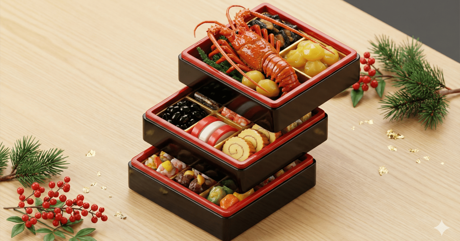 作品例】新年の飯テロ。Geminiで作った「3Dミニチュアおせち」素材集