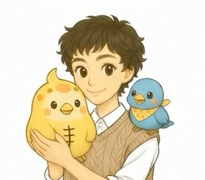 やさしい雰囲気の女性が、手のひらにのせた黄色い鳥のキャラクター「ペン吉」を大切そうに抱き、肩には青い小鳥「ことりさん」がちょこんと寄り添って微笑んでいる、あたたかいタッチのイラスト。