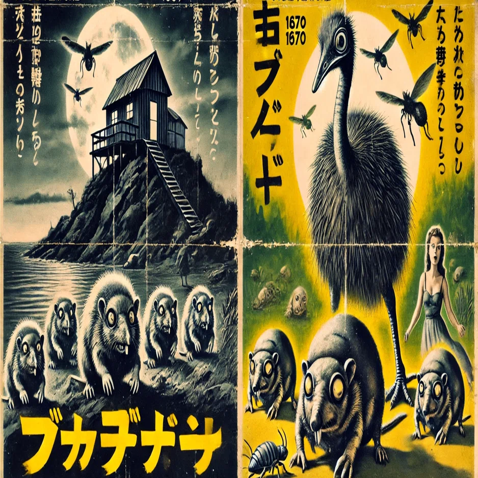 AI生成ポスター展：巨大なネズミとかニワトリの島編』｜ヘザー 落合