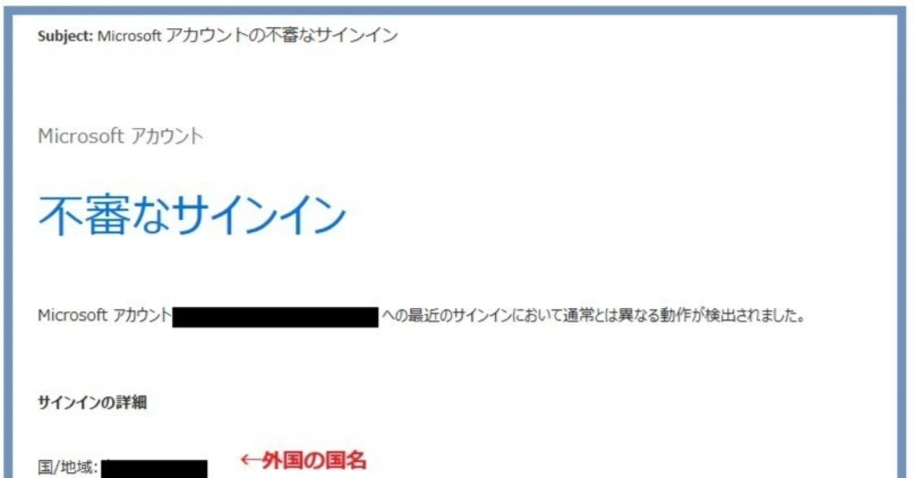 2025年12月メールの件名が「Microsoft アカウントの不審なサインイン