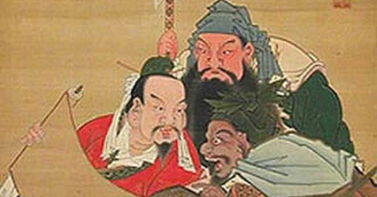 三国志［桃園の誓い図］紙本 時代物　掛軸 劉備・関羽・張飛 桃園の誓い 蜀錦掛け軸 - 歴史プラス(時空旅人公式