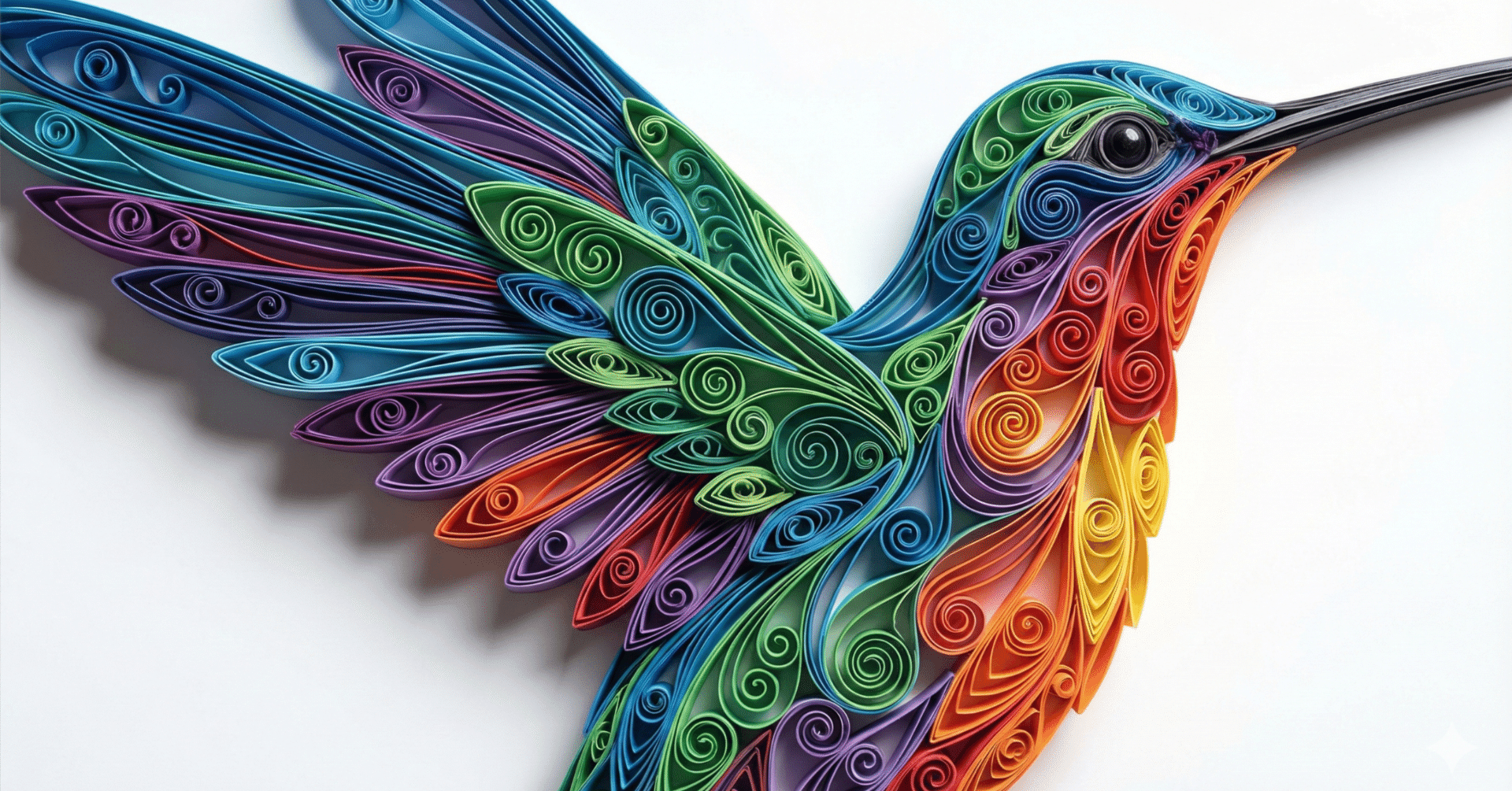 プロンプト配布】Geminiで「ペーパークイリング（渦巻きアート）」を作るプロンプト。虹色の鳥・花文字・マンダラ｜rin39, image size:1920x1005
