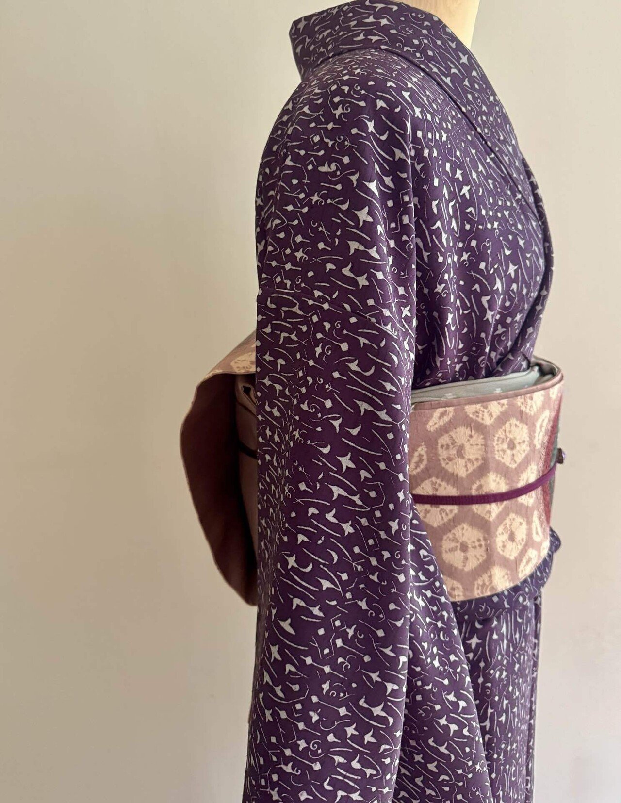 紫の幾何学染紬着物｜夢吉きもの