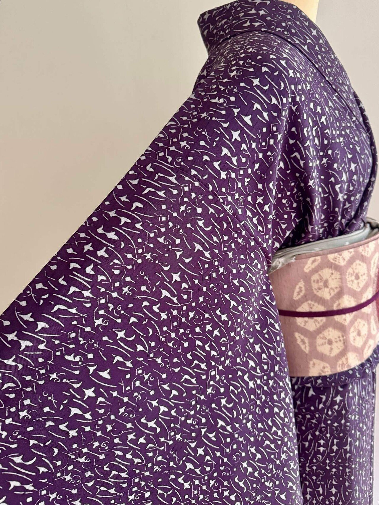 紫の幾何学染紬着物｜夢吉きもの