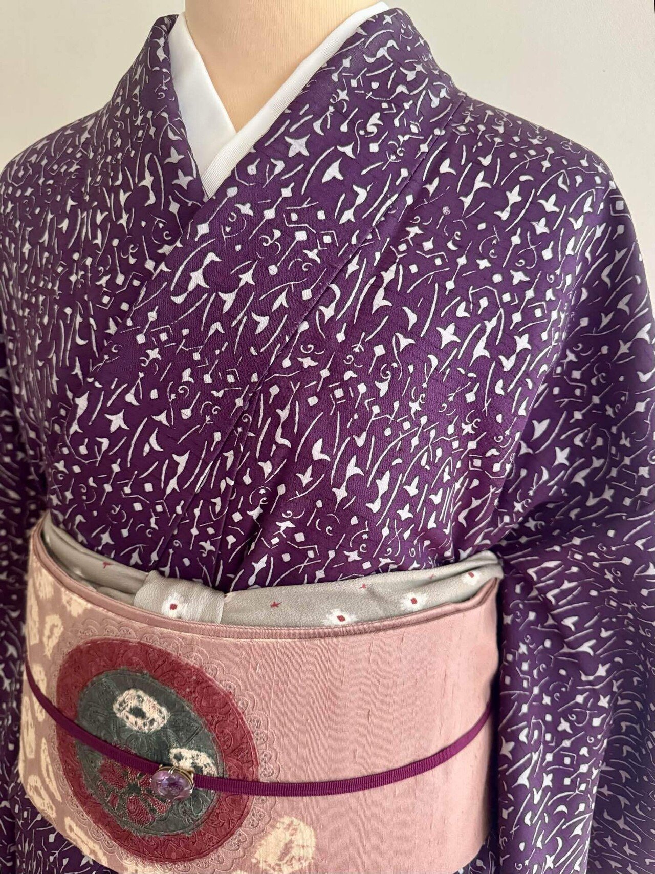 紫の幾何学染紬着物｜夢吉きもの