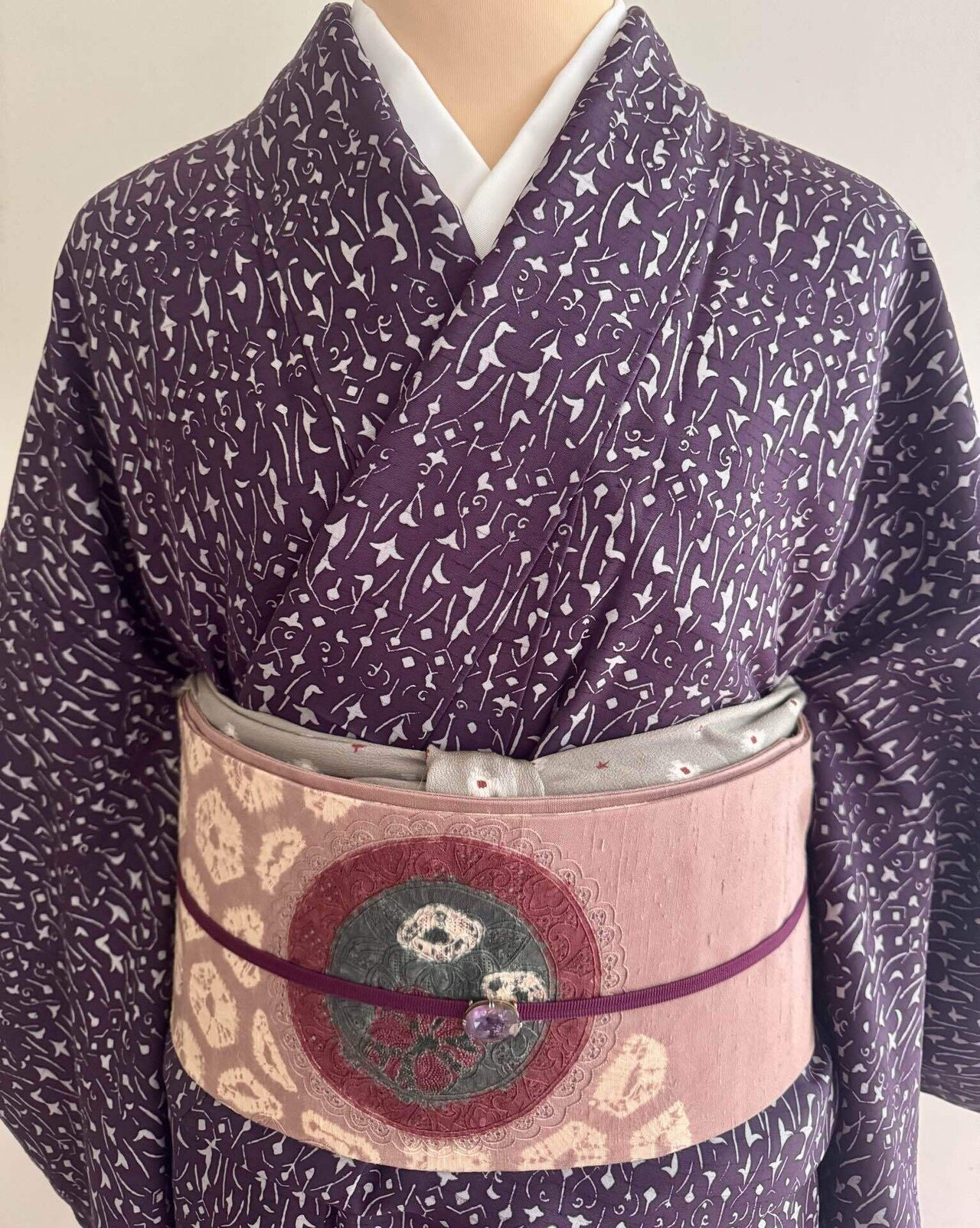 紫の幾何学染紬着物｜夢吉きもの