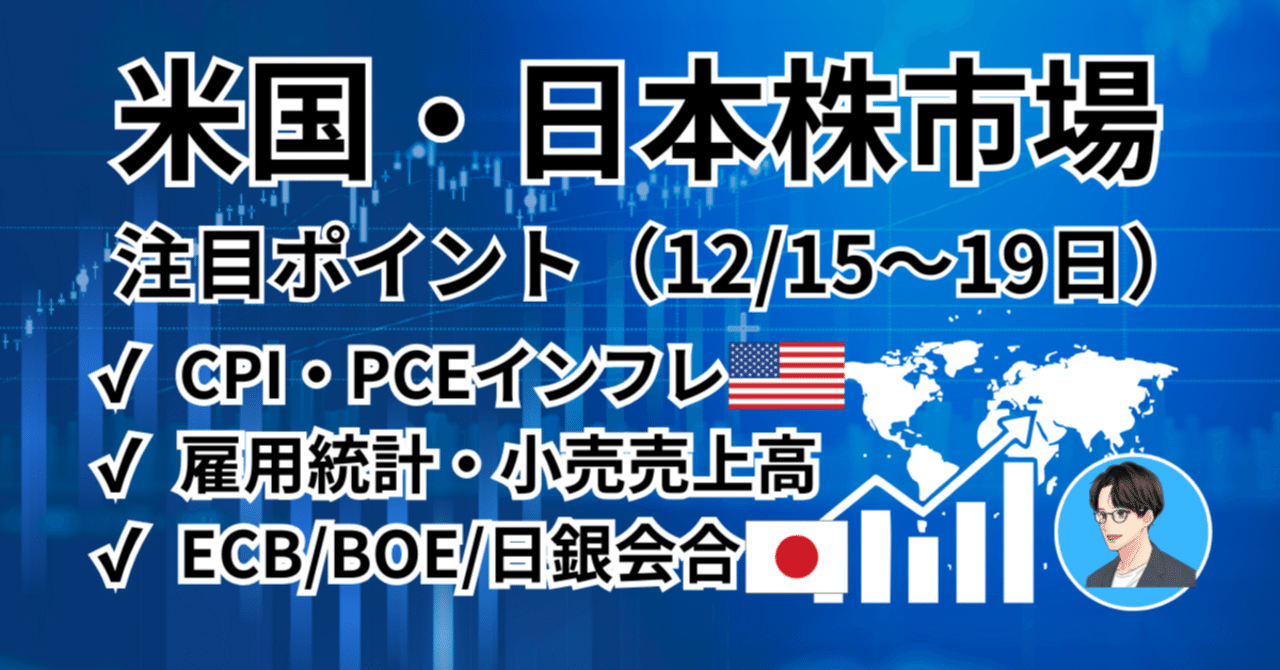 米国・日本株市場】注目イベントと見通し（2025年12月15日〜週）雇用統計やCPI・PCEなどのインフレ指標、日銀・欧州の金融政策決定会合や会見に注目｜橘  龍馬