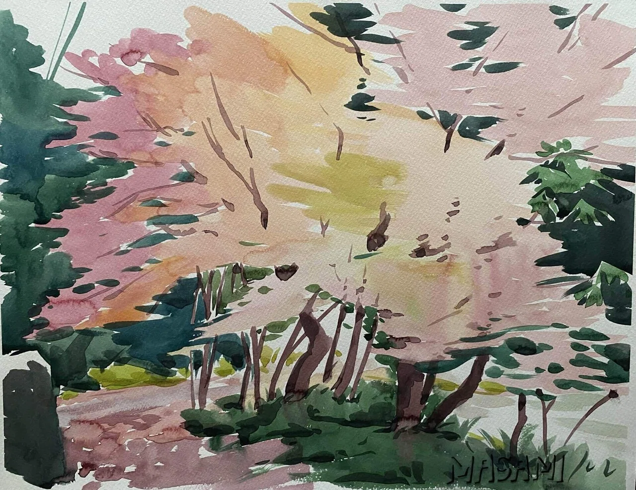 癒しの水彩画1104 sunrise 34 Masami Kamizono's Transparent Watercolors: Autumn Leaf Viewing