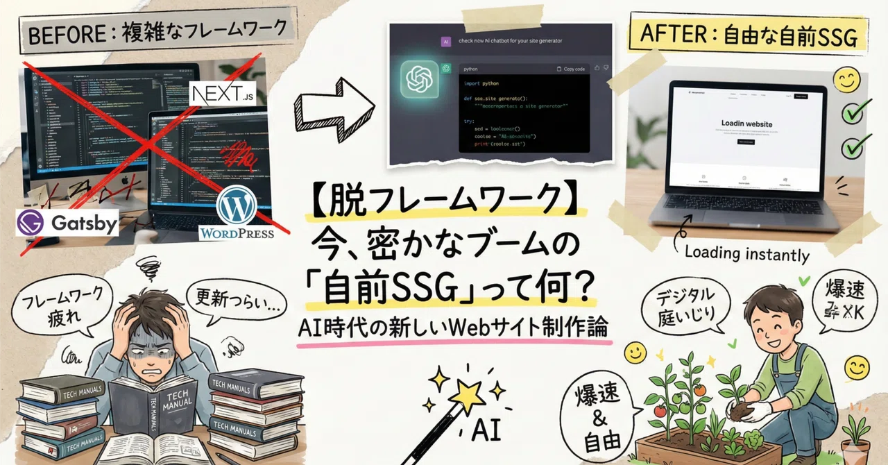【脱フレームワーク】今、密かなブームの「自前SSG」って何？AI時代の新しいWebサイト制作論｜Hide＠ひとり、プロダクション。