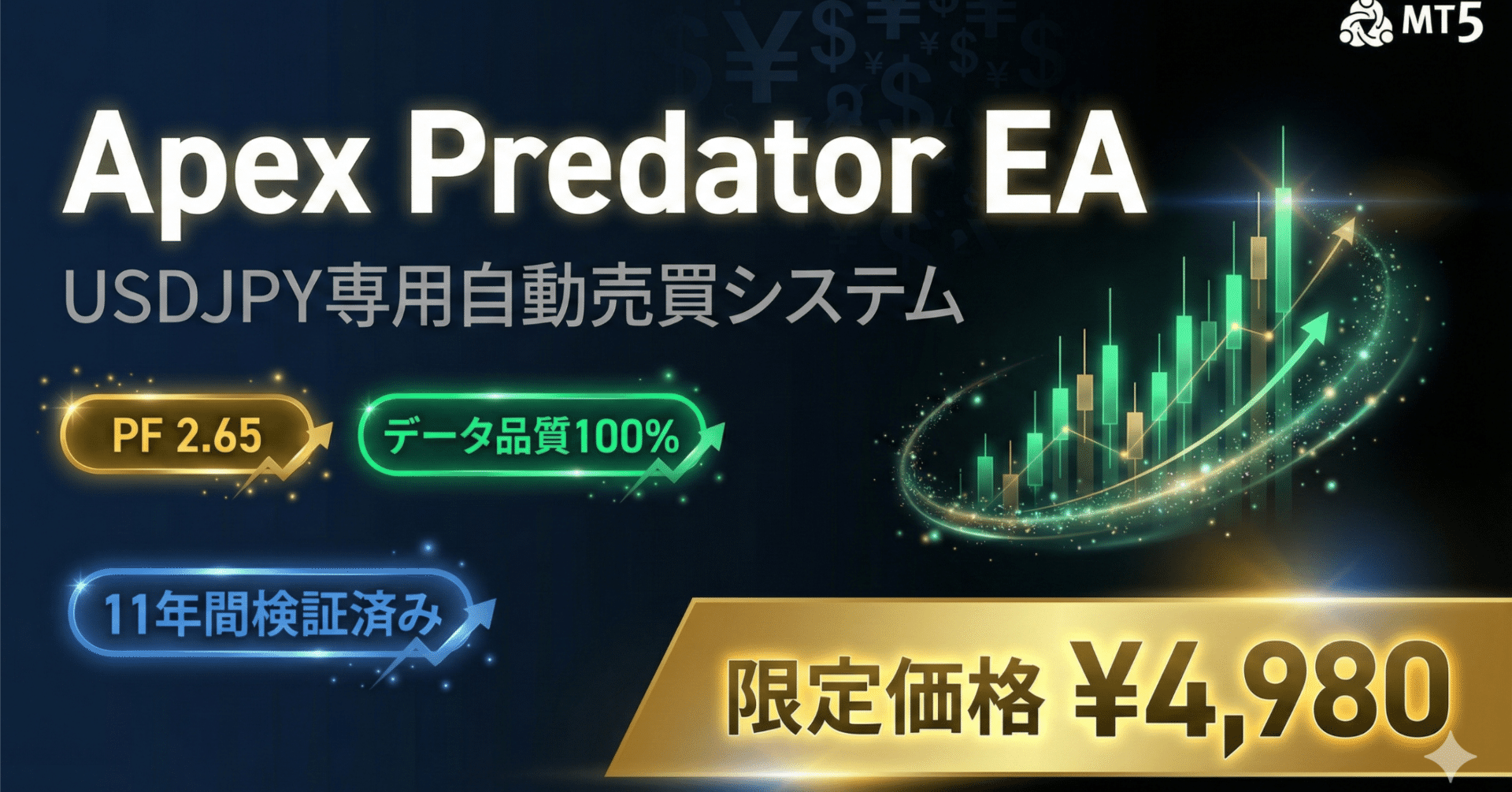 数量限定4,980円】MT5完全対応！11年間テストに耐えた高精度USDJPY自動売買EA「Apex Predator」｜Ken