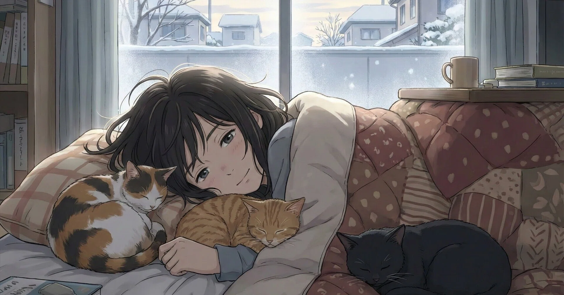 キャラクター イラストノート 眠猫まふゆ AIイラスト】冬。猫と惰眠をむさぼる。｜mikasa
