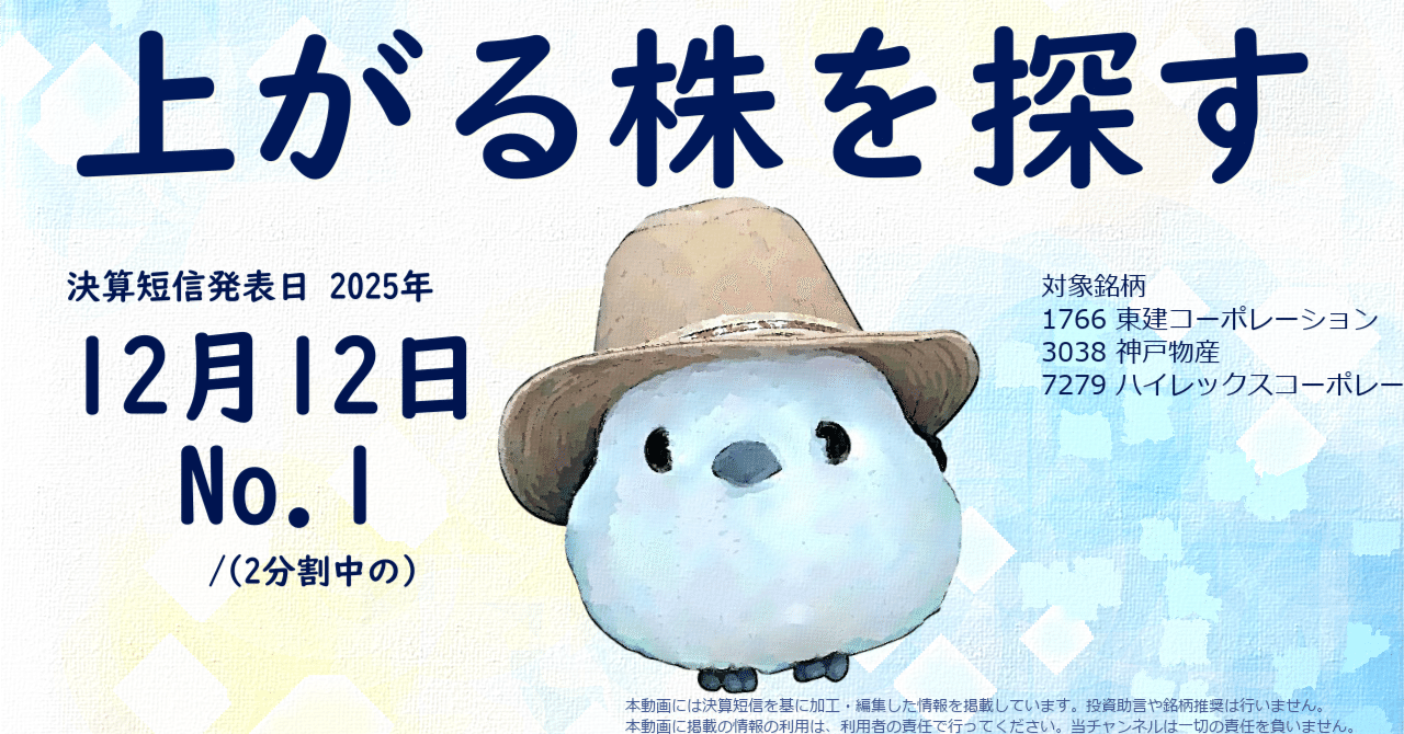 上がる株を探す：2025年12月12日(神戸物産、東建コーポレーション、ハイレックスコーポレーション、GENDA、HIS)｜ハットさんの投資ノート