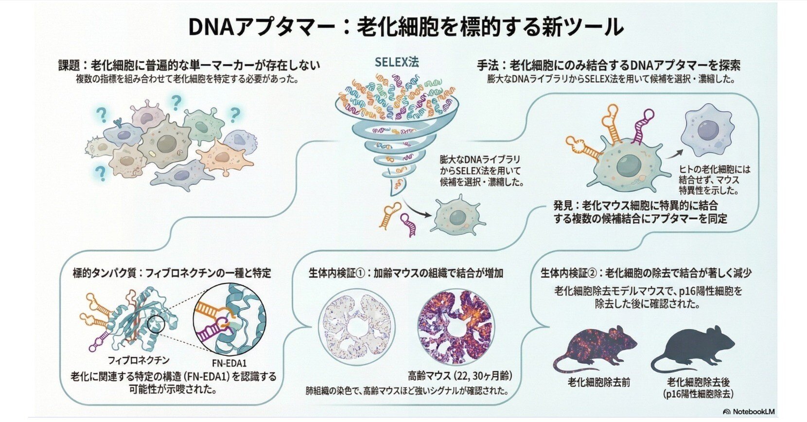 DNAアプタマーという抗体ではない手法で老化標的フィブロネクチン（ECM）を同定；非培養などの研究可能性や動物種の違いなど今後研究拡大をもたらす可能性｜Makisey