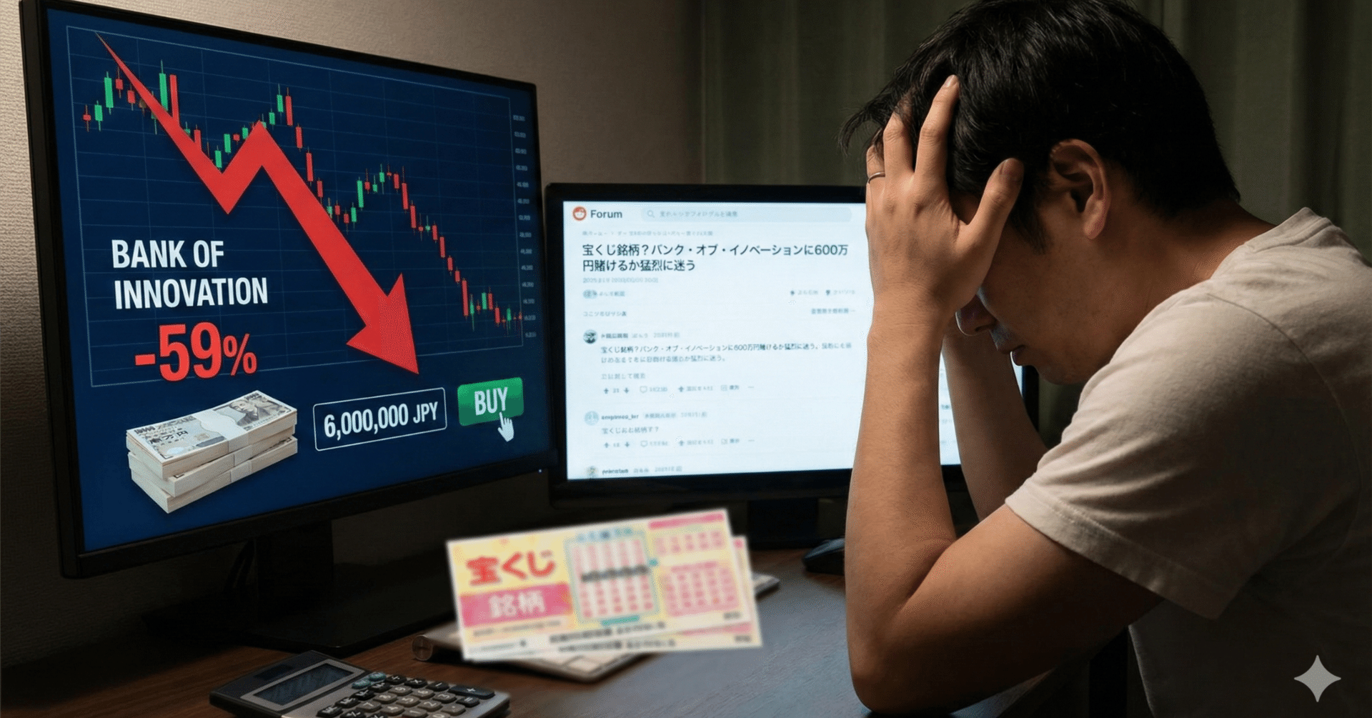 宝くじ銘柄】暴落率59%超え。「バンク・オブ・イノベーション」という600万円の賭けに出るか、今猛烈に迷っている話｜くまっこ