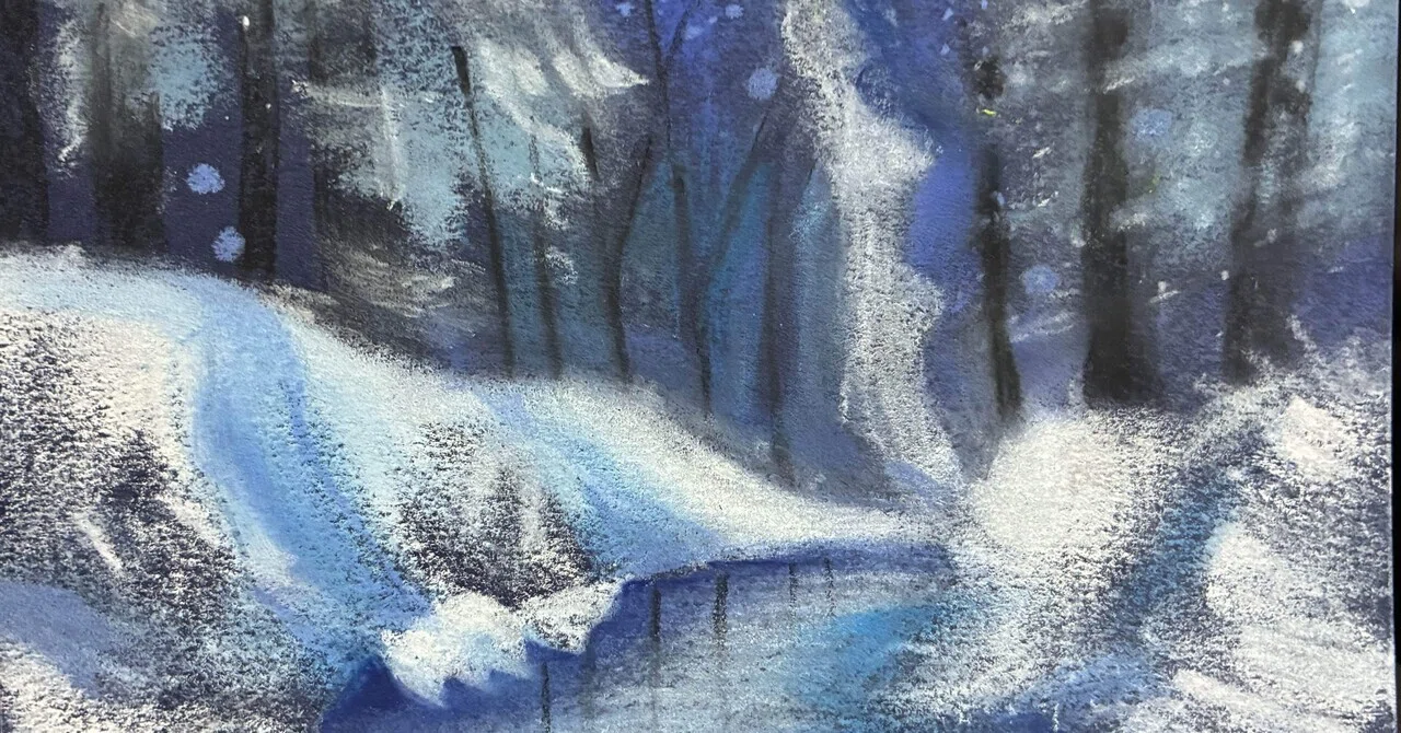 雪景色の滝と川辺のパステル画です。｜まる