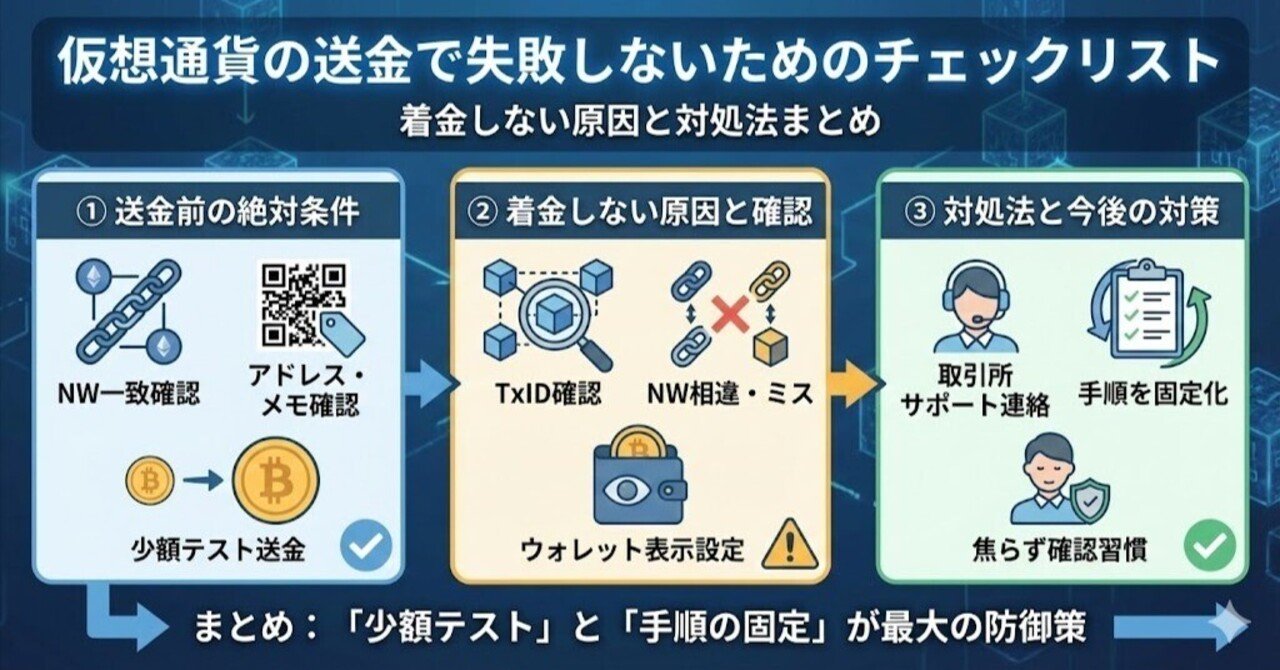 仮想通貨の送金で失敗しないためのチェックリスト｜着金しない原因と対処法まとめ｜クリプトワークス｜仮想通貨