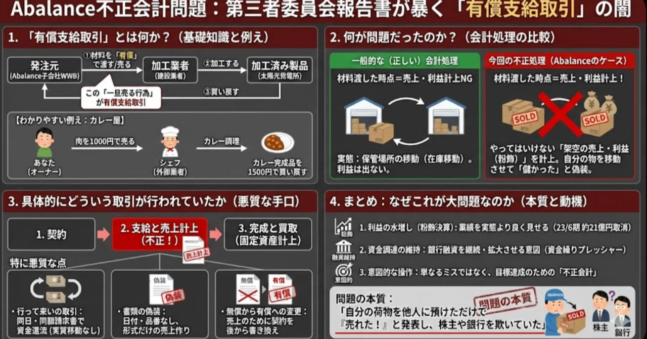 Abalanceの第三者報告書で問題になっている「有償支給取引」の説明 