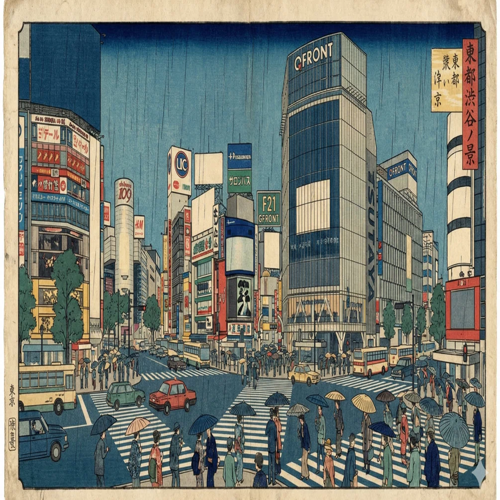 現代のコンビニ浮世絵 プロンプト配布】もしも北斎が「渋谷」を描いたら。AIで現代風景を