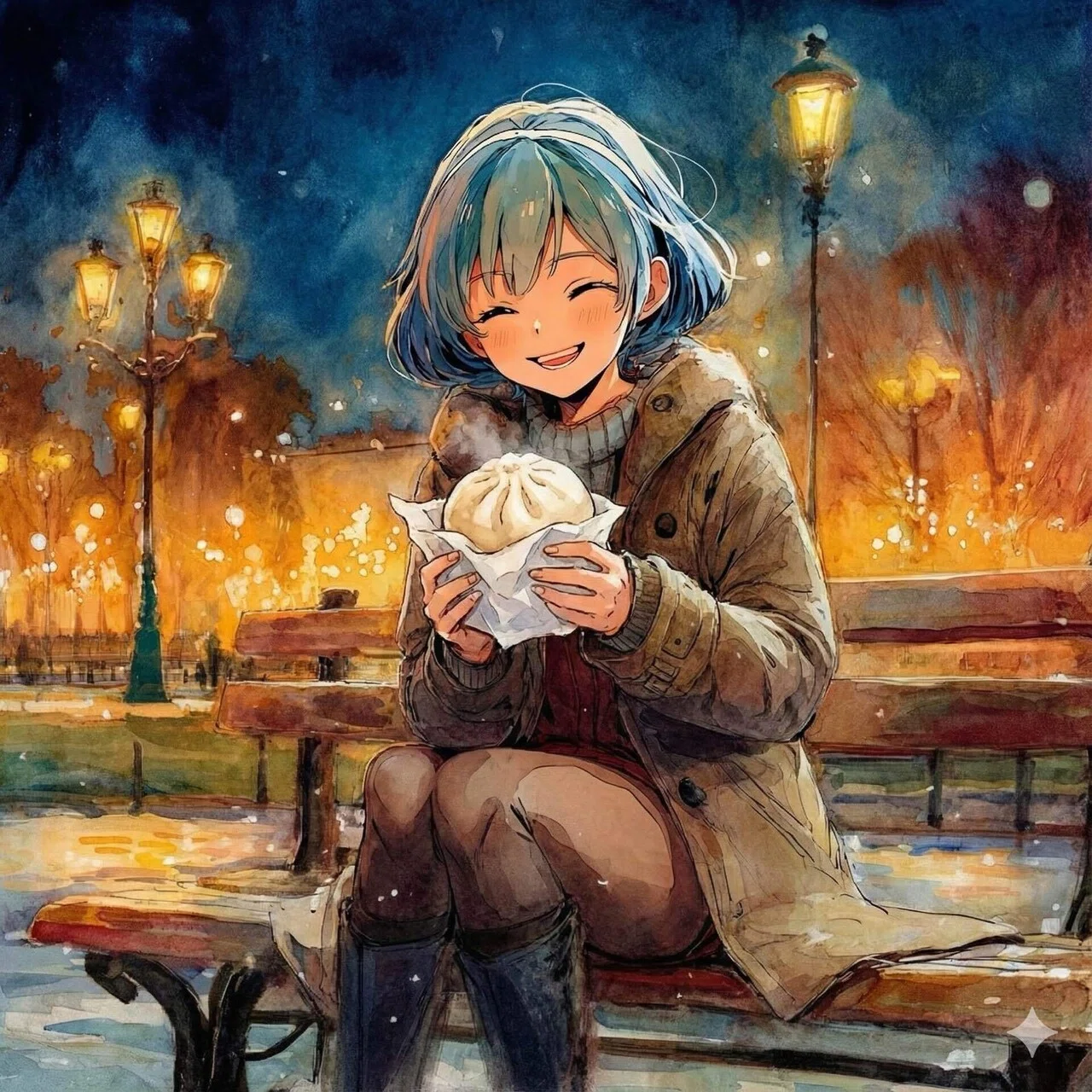 手描きイラスト　「寒くて暖かい」 AIイラスト】寒い冬は暖かい肉まん！【十人十色】｜茉白トキ@十人十色