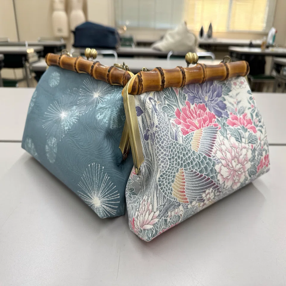 着物リメイク☆日傘とバッグのセット♡（小紋、扇、ベージュ、竹）ハンドメイド 講座開催記録】着物リメイク日傘/がま口バッグ講座@ヴォーグ学園名古屋