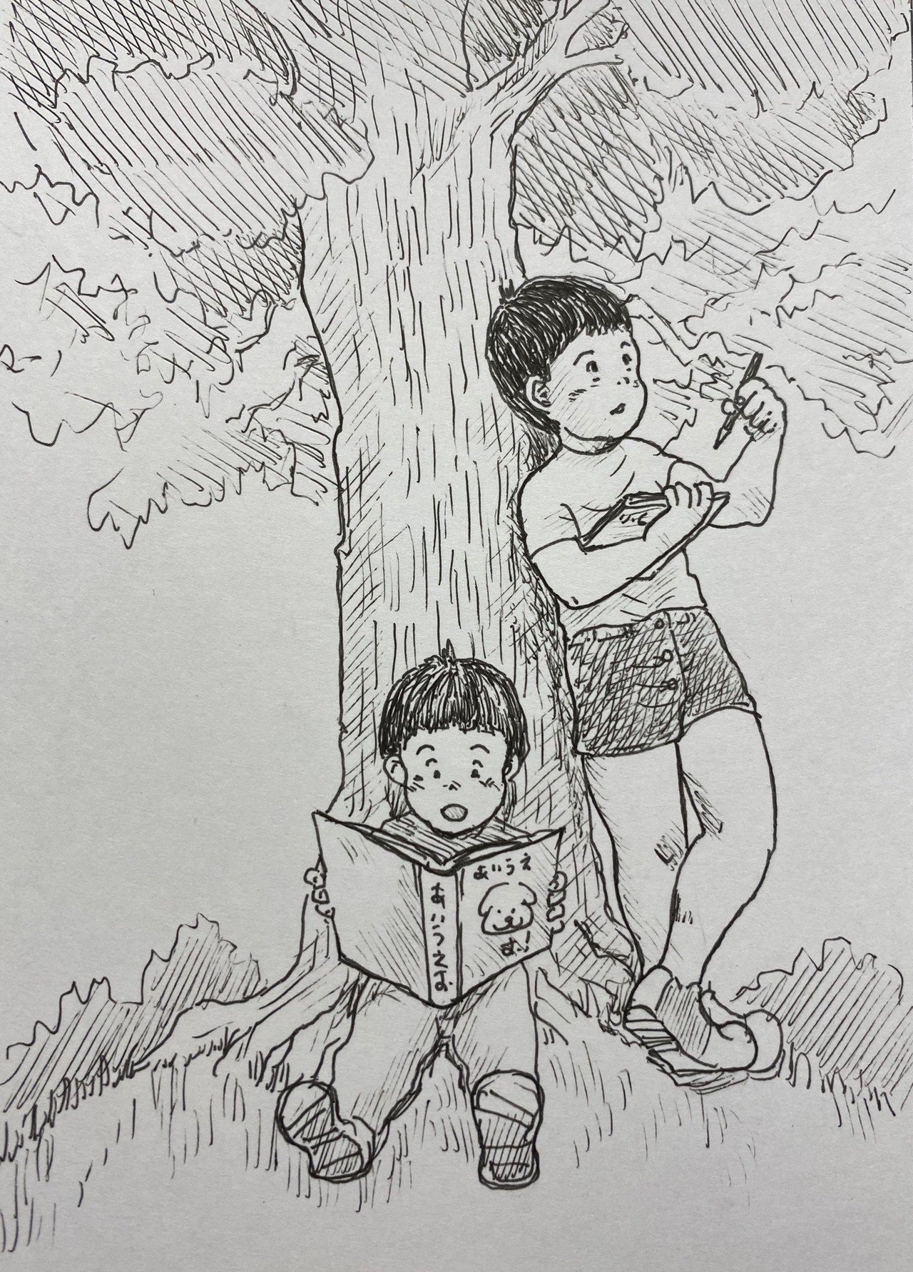 緑の下でおべんきょう ポストカード原画 Noteマガジン用挿絵 Masa ペン画制作 英語 Toeic勉強の記録 Note