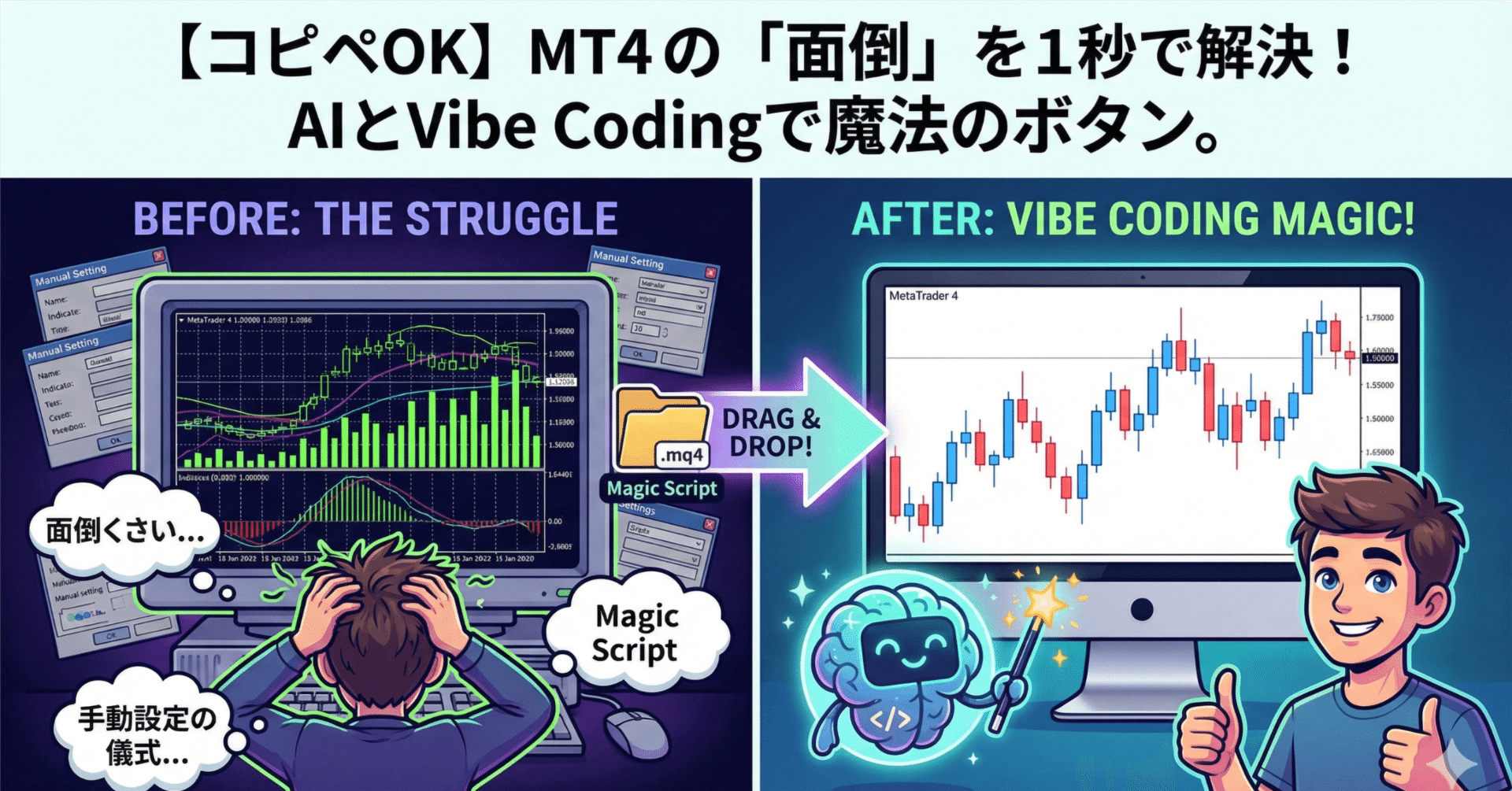 コピペOK】MT4の「あの面倒な設定」を1秒で終わらせる。AIと“Vibe Coding”したら魔法のボタンができた話｜神田宗洋