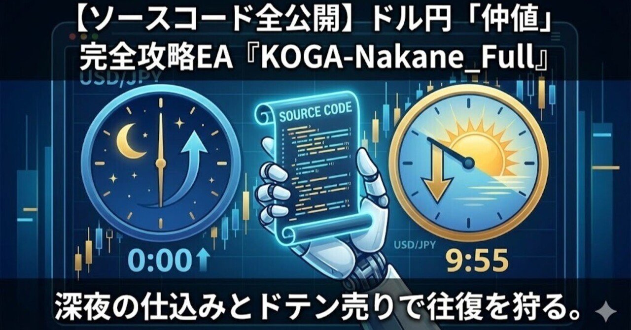 ソースコード全公開】ドル円「仲値」完全攻略EA『KOGA-Nakane』。深夜の仕込みとドテン売りで往復を狩る。｜才木光牙@FXトレード