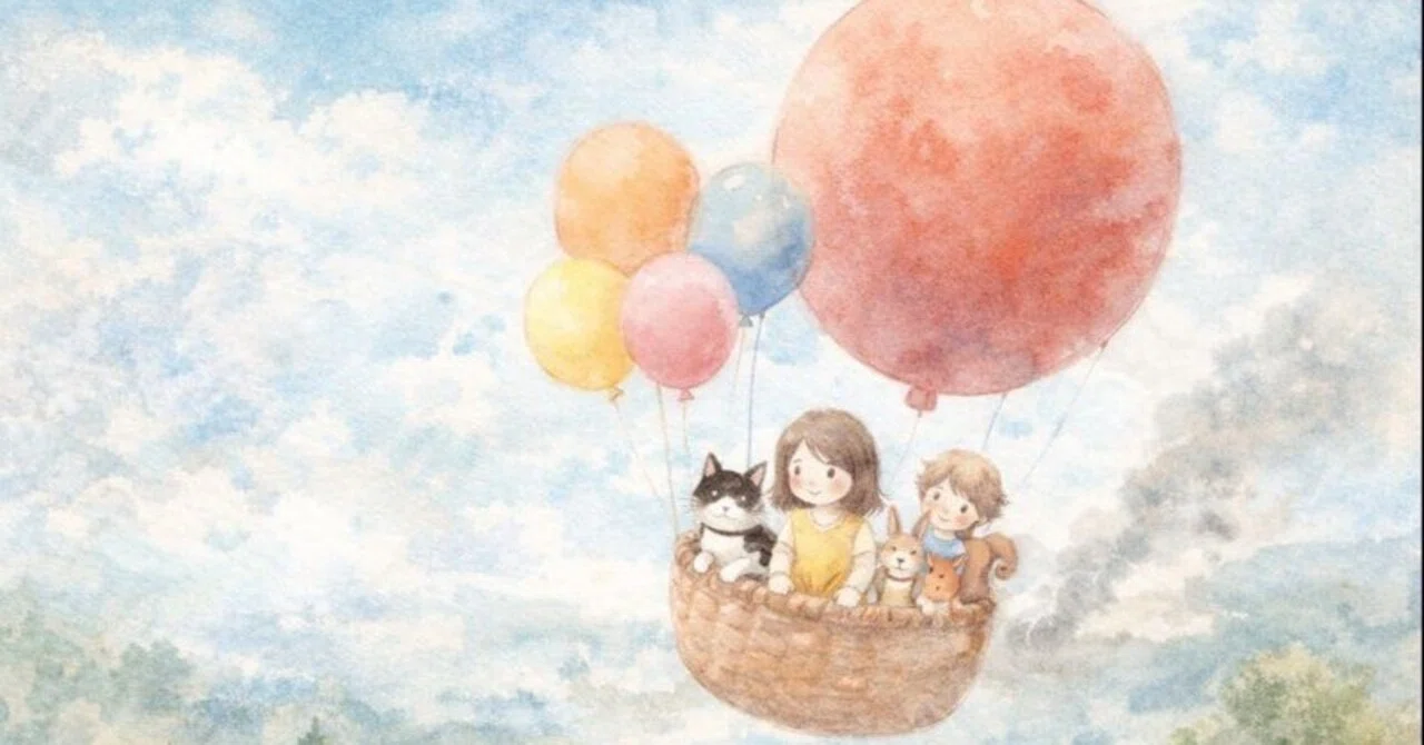 miyoko 子供と風船の水彩画 風船に乗って～Sunoと～｜片桐 みかん