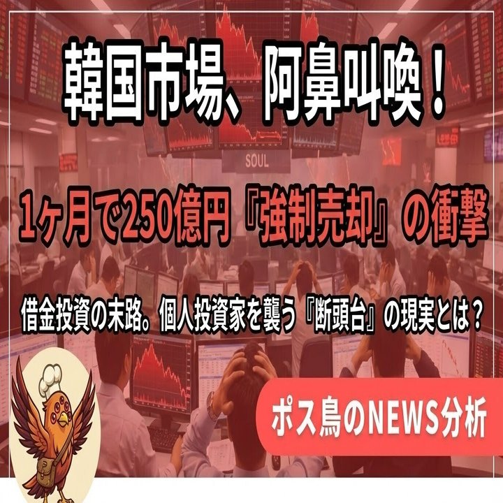 破産の音は、静かだ。お隣の韓国市場で「強制売却（反対売買 ）」が爆発している。借金して株を買った個人投資家たちが、証券会社に勝手に株を売られ、借金だけが残る。11月だけで250億円が蒸発した。なぜ彼らは逃｜ポス鳥（ビジネス＆投資NEWS解説）おそらく日本で１番  ...