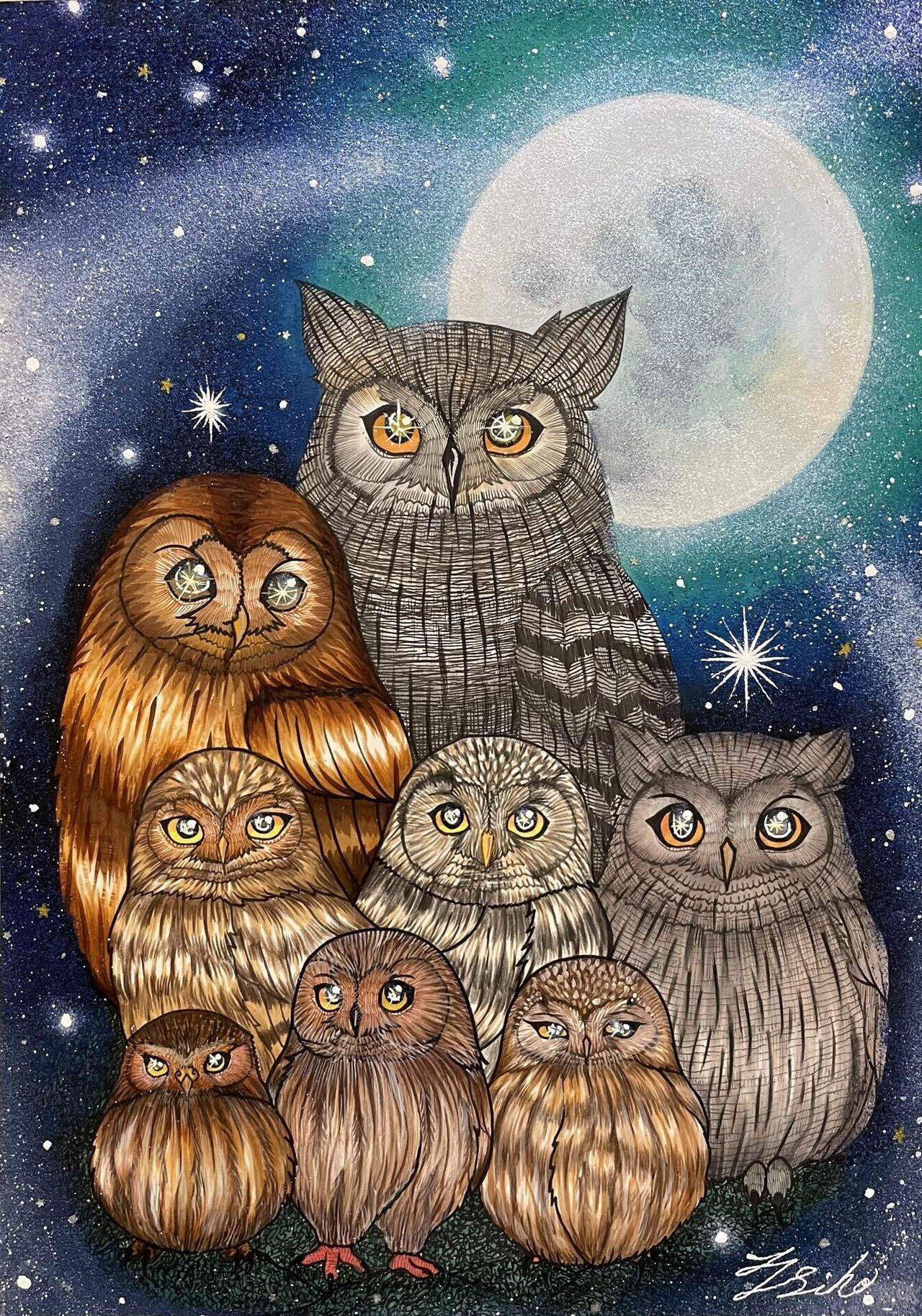 🦉満月とフクロウ達🌙｜フクロウシホ