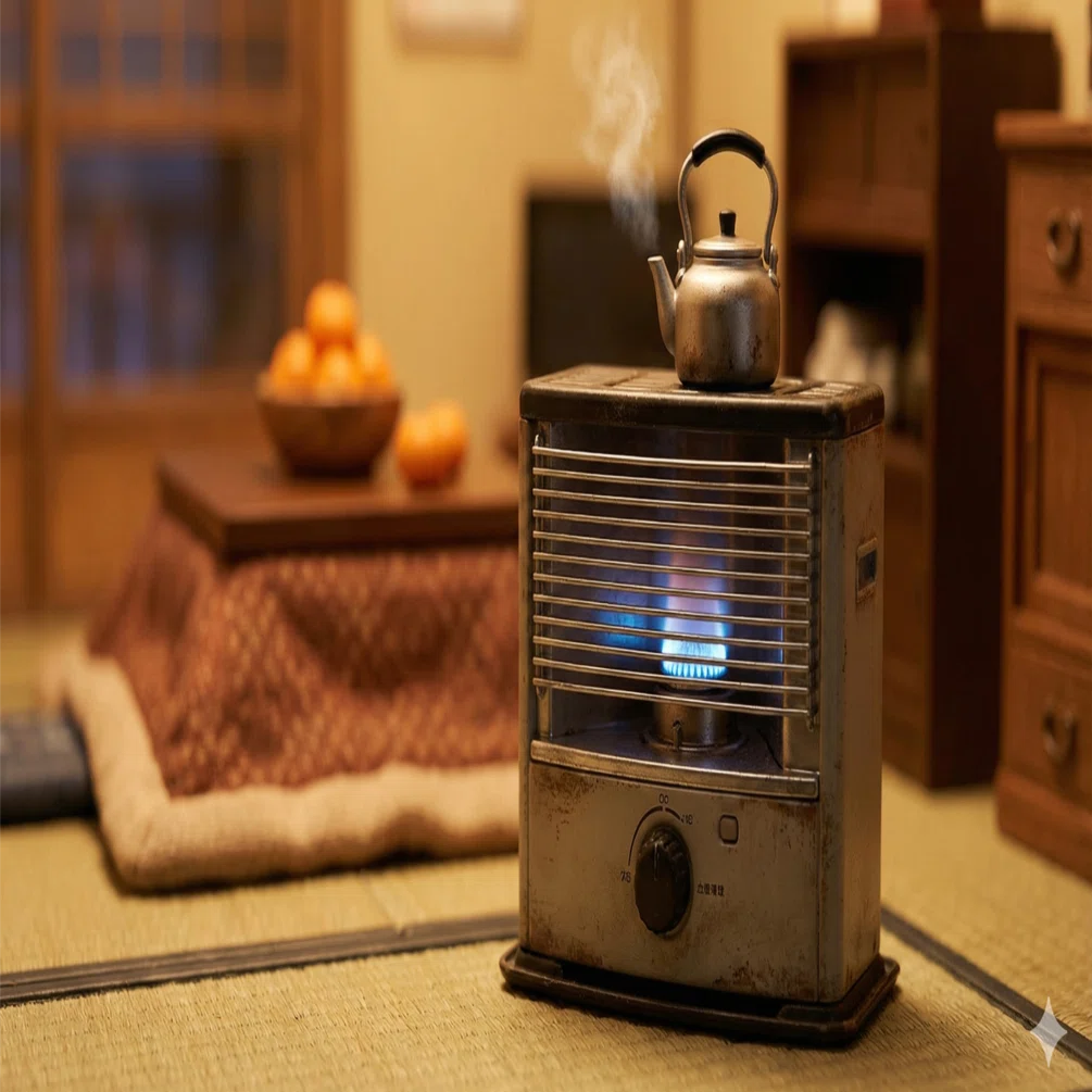 プロンプト配布】実家の冬、あの青い炎。AIで作る「石油ストーブ」の