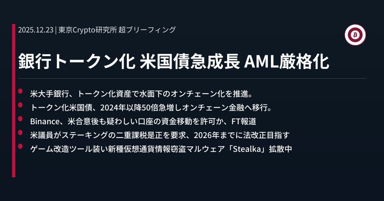 銀行トークン化 米国債急成長 AML厳格化｜東京Crypto研究所