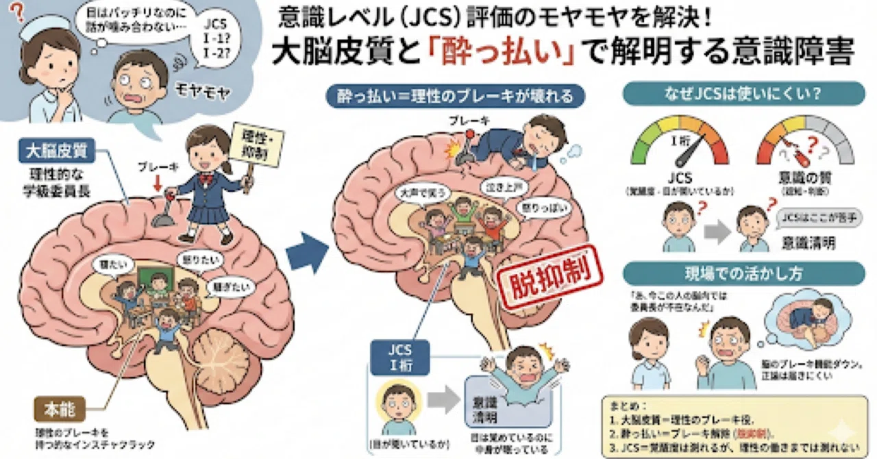 JCSが「使いにくい」と感じる正体はこれ。酔っ払いで学ぶ意識障害と大脳皮質の関係｜Nemo訪問看護