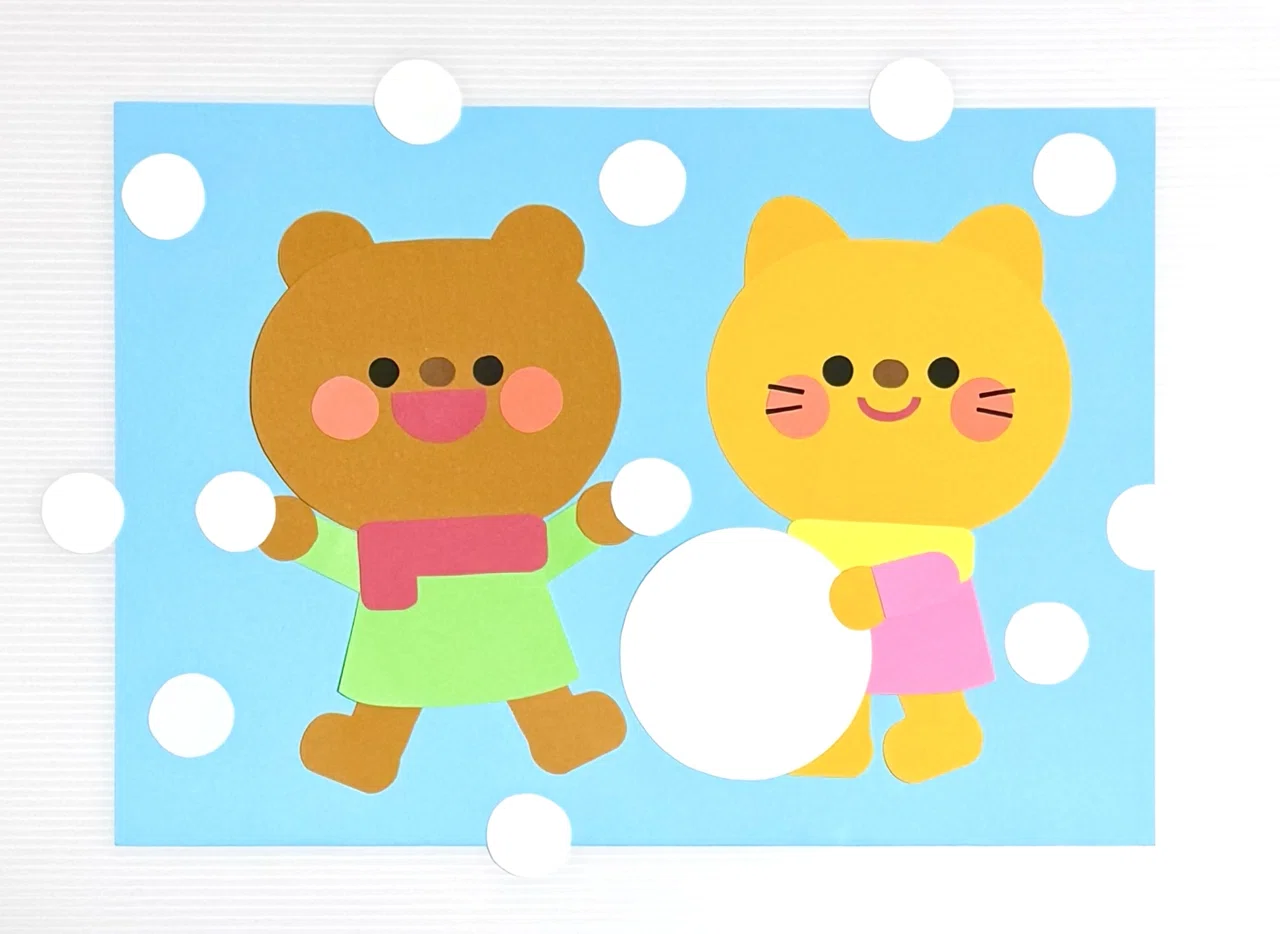 壁面の型紙】1月｜くまとねこの冬の雪あそび｜itokata