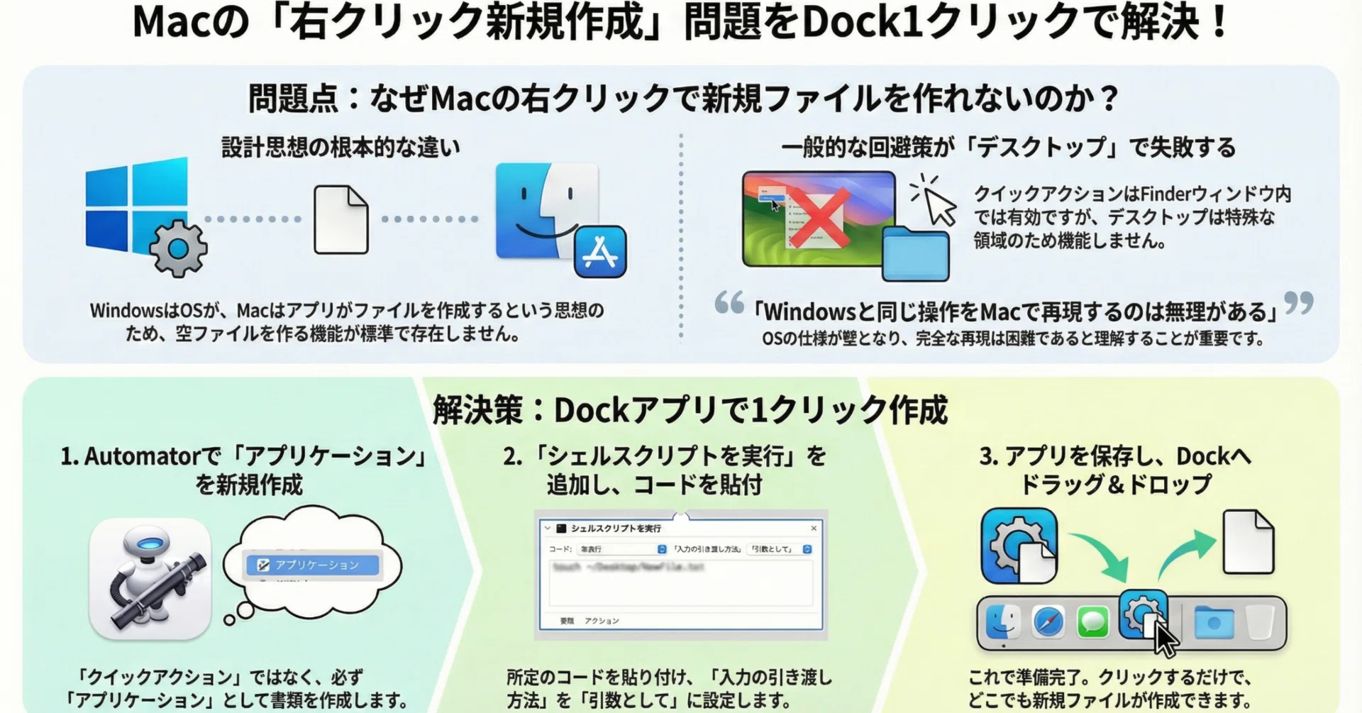Macで「右クリック新規ファイル」ができない問題を、Dock1クリックで