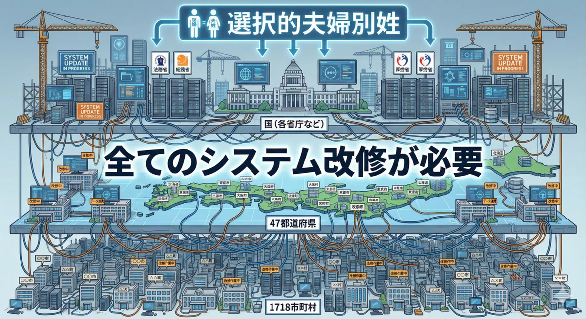 選択的夫婦別姓に関するシステムが絡み合っている様子。